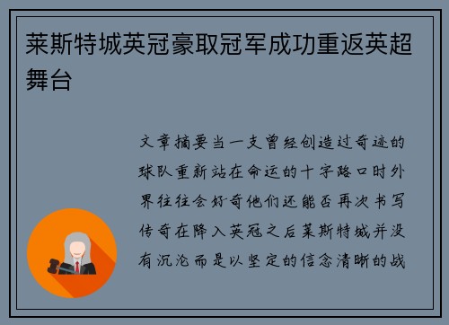 莱斯特城英冠豪取冠军成功重返英超舞台 莱斯特城英冠豪取冠军成功重返英超舞台