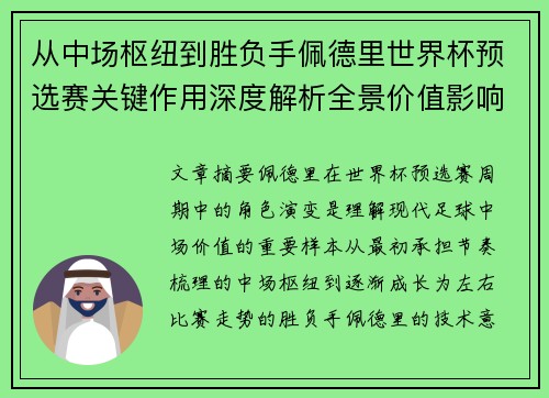 从中场枢纽到胜负手佩德里世界杯预选赛关键作用深度解析全景价值影响